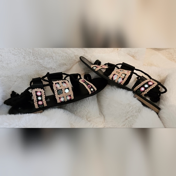 Free People Leather Mantra Mirror Sandals Size 39 / 8.5 Color Black/beige